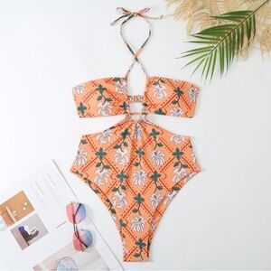 Orange Halter Neck Keyhole One Piece Bikini size M